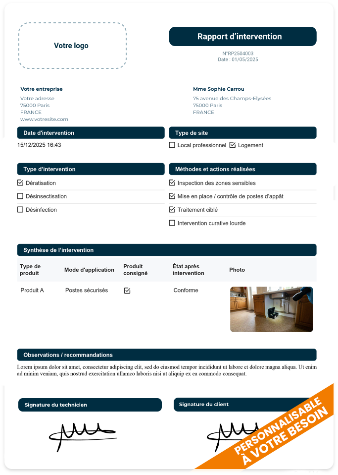 Exemple de rapport d'intervention personnalisé Valideo