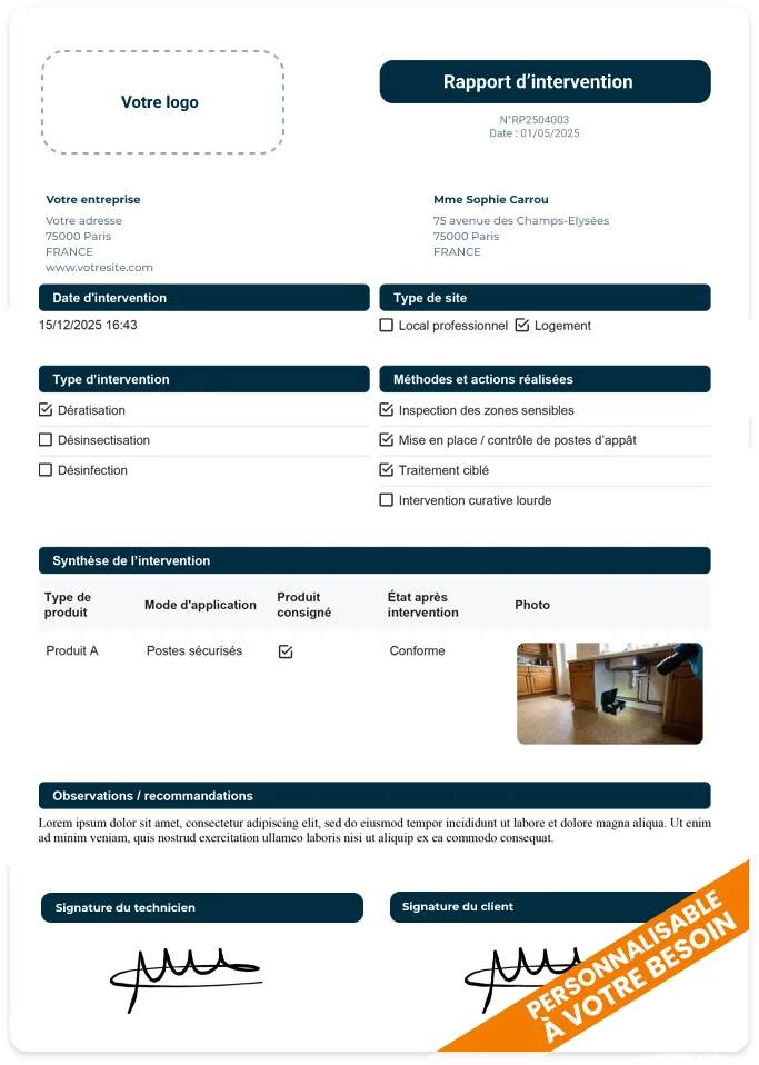 Exemple de rapport d'intervention personnalisé Valideo