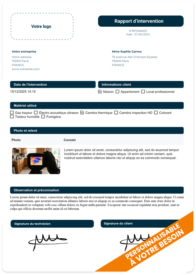 Exemple de rapport d'intervention personnalisé Valideo