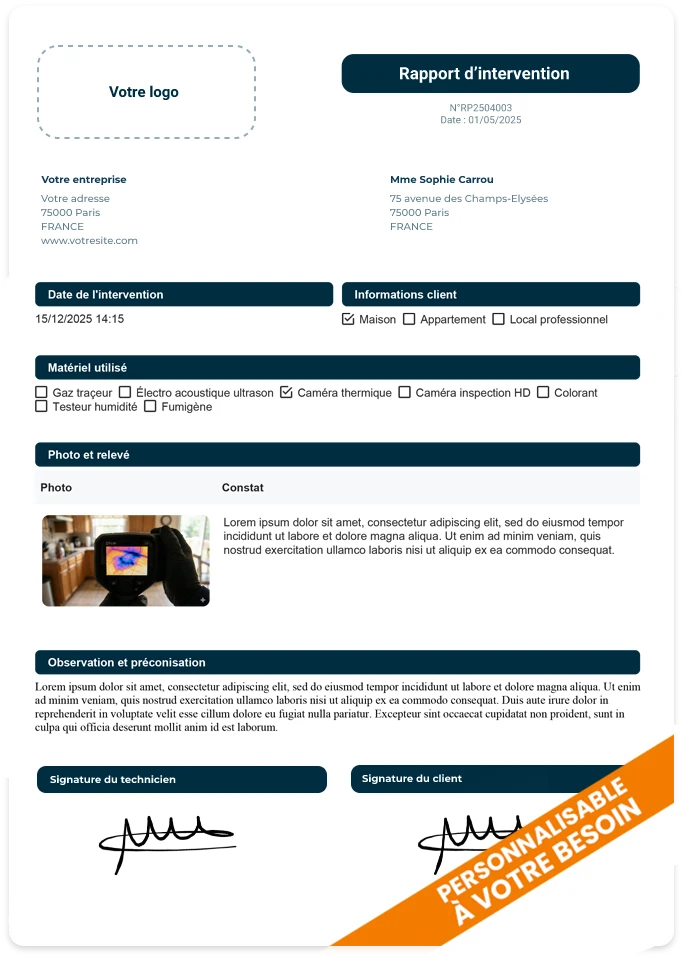 Exemple de rapport d'intervention personnalisé Valideo