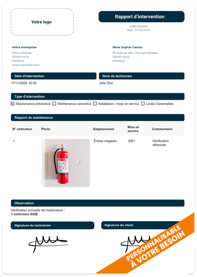 Exemple de rapport d'intervention personnalisé Valideo