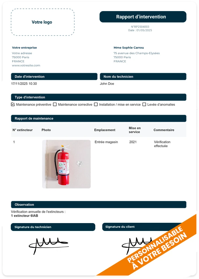 Exemple de rapport d'intervention personnalisé Valideo