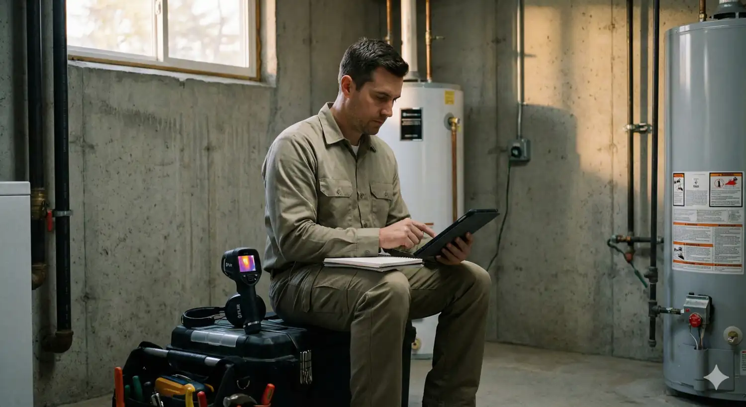Technicien rédigeant le constat de recherche de fuite sur tablette