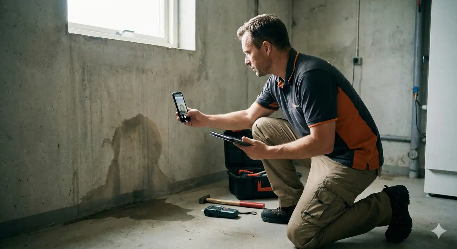 Technicien photographiant une trace d'humidité au téléphone pendant une recherche de fuite