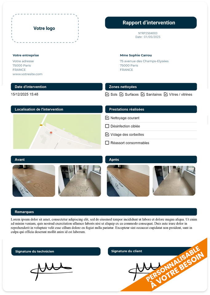Exemple de rapport d'intervention personnalisé Valideo