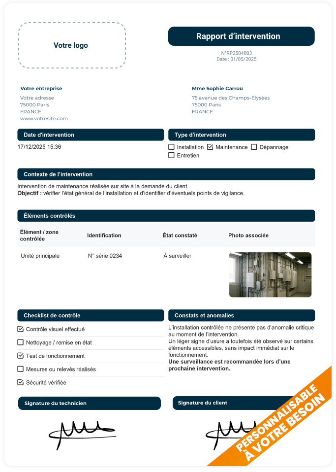 Exemple de rapport d'intervention personnalisé Valideo